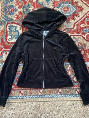 Juicy Couture Cropped Black Velour Zip-Up Hoodie with Embroidered Logo